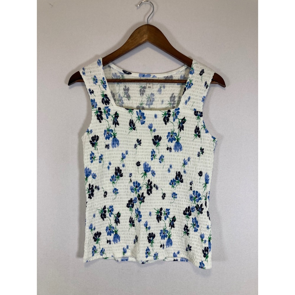Cottagecore ON+34TH Women Medium White Blue Floral Smocked Square Neck Tank Top